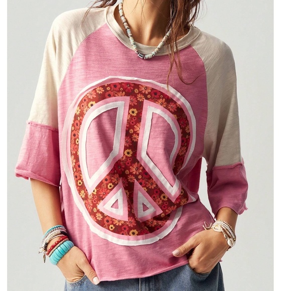 Boho Color block Floral print Peace Patchwork Loose Fit Top - Picture 3 of 5